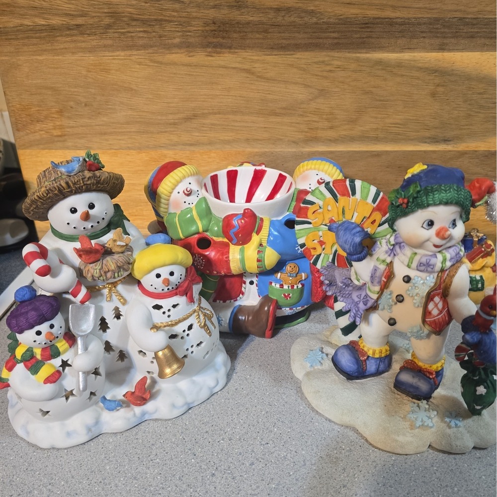 Set Of 3 Snowmen Table Top Decor, 2 Partylite And 1 Unknown